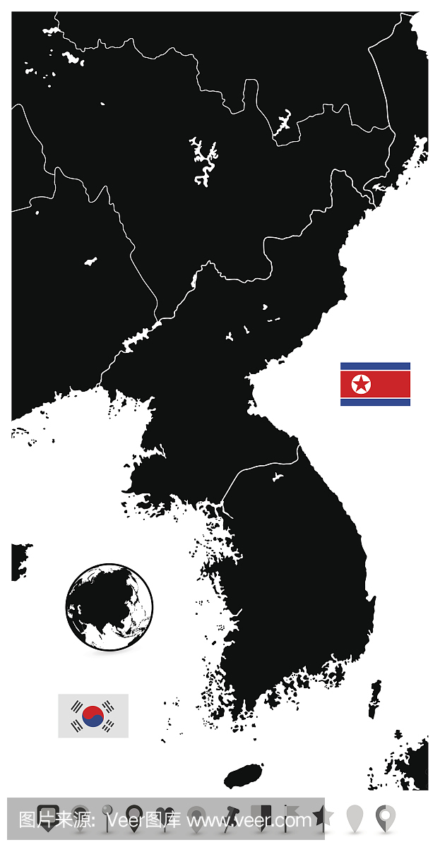 朝鲜半岛黑色空白地图,南北韩平板导航