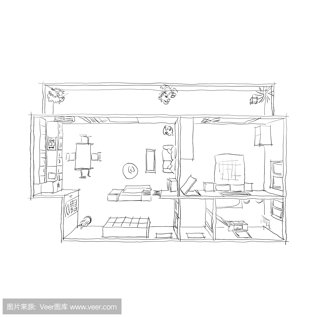 装饰家庭公寓的手绘草图平面图