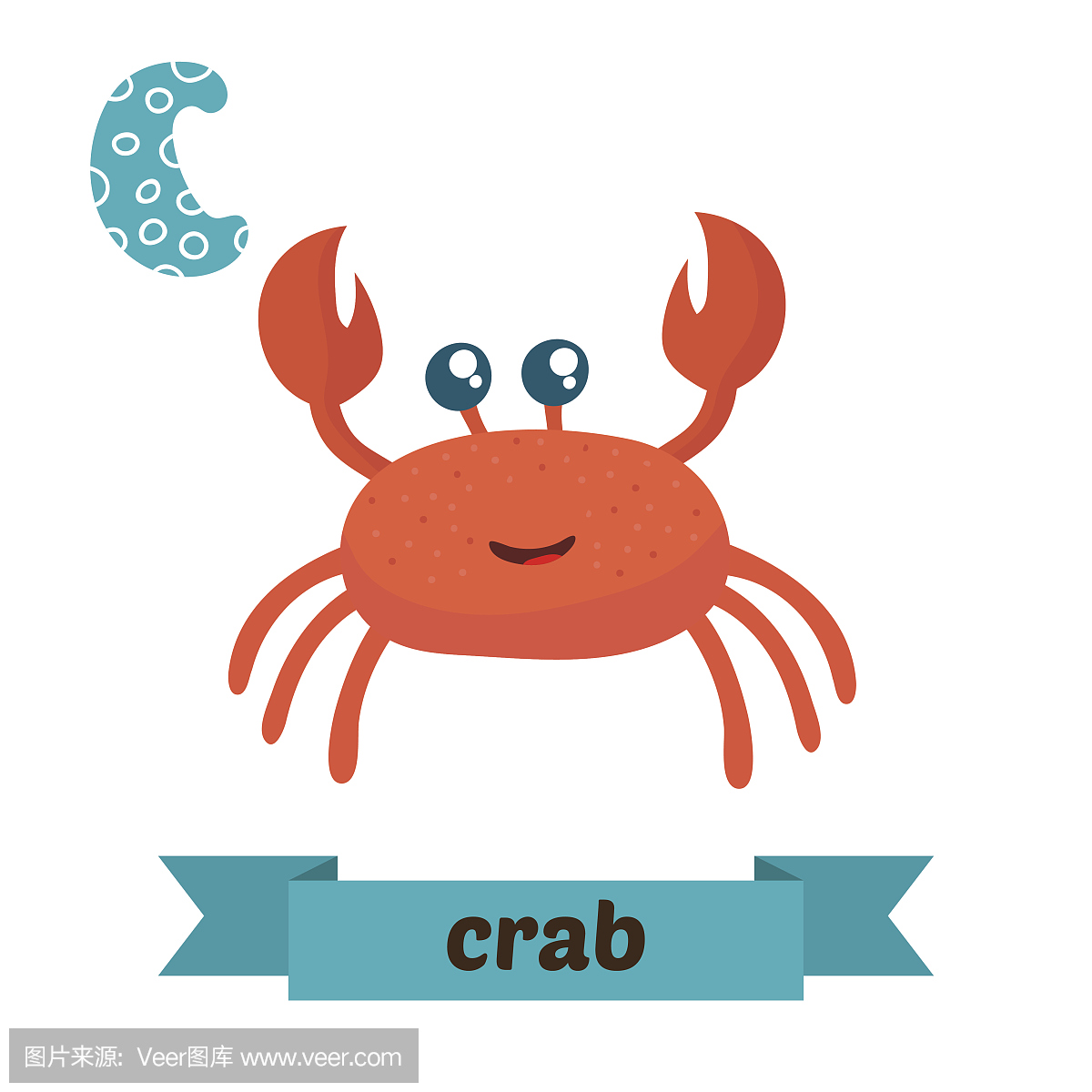 螃蟹。 C信。可爱的孩子动物字母表在矢量