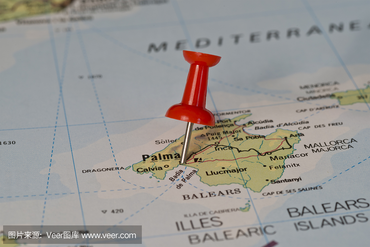 帕尔马马略卡岛在地图上标有红色图钉