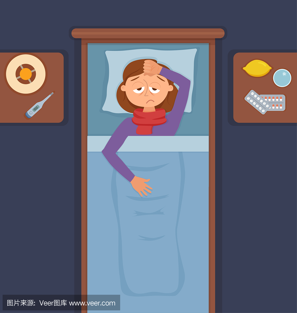 生病的女孩在床上感冒,流感的症状。卡通矢量