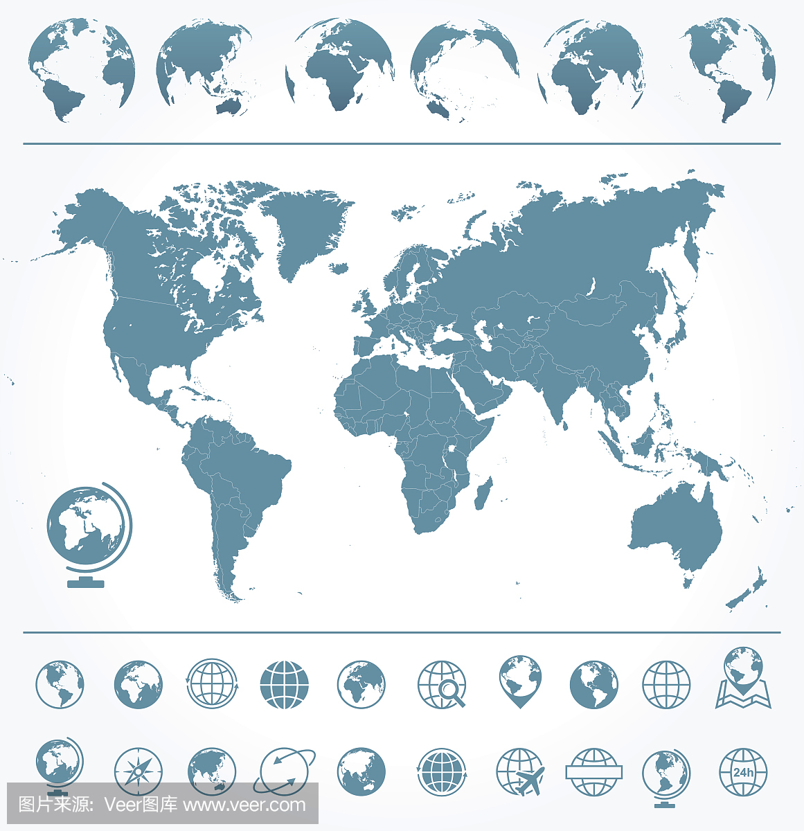 世界地图,地球仪,图标和符号 - 插图