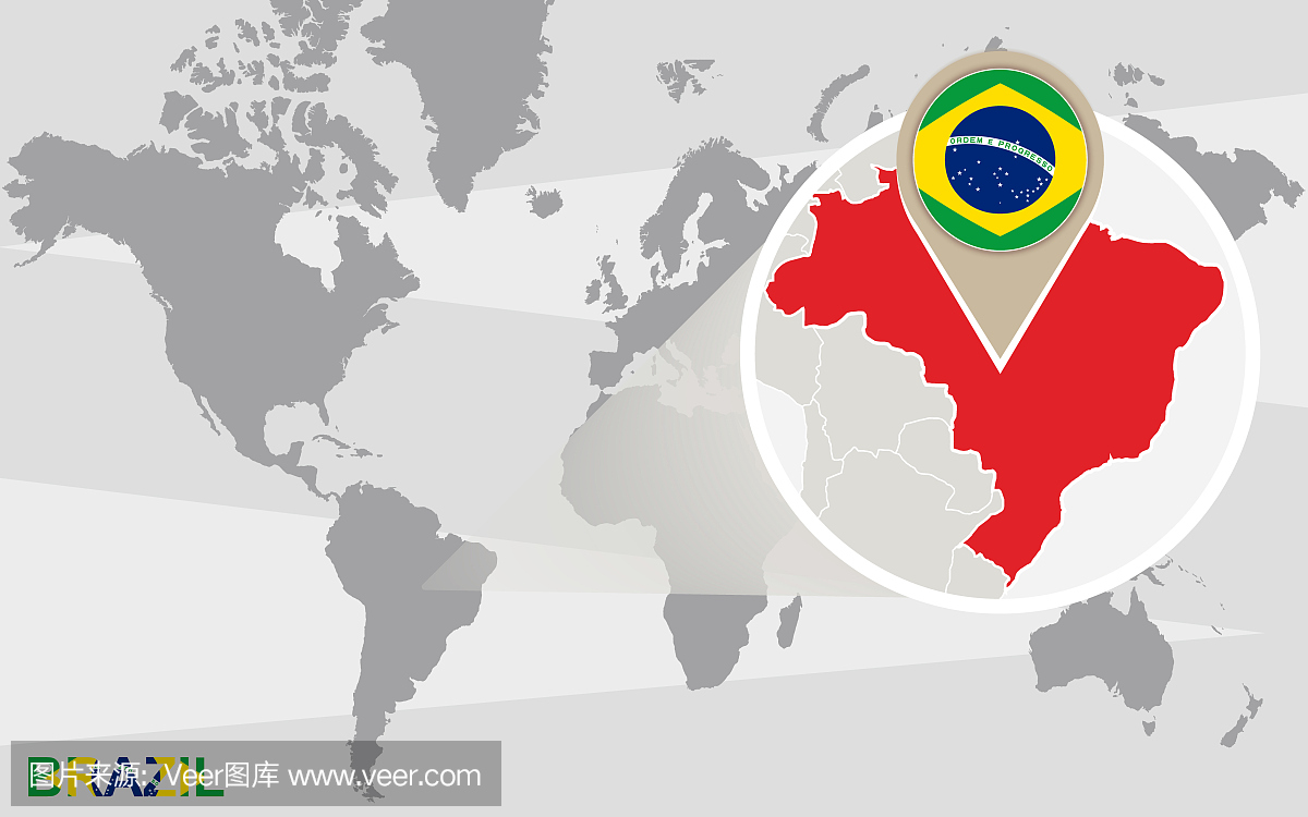 与巴西放大的世界地图。光栅图。