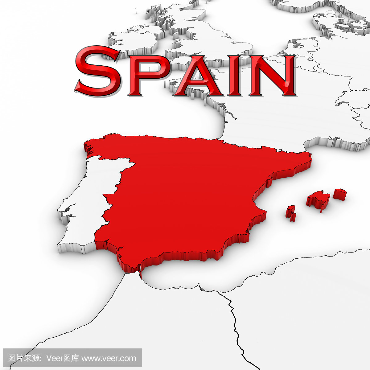 西班牙的3D地图与国家名称突出显示在白色与