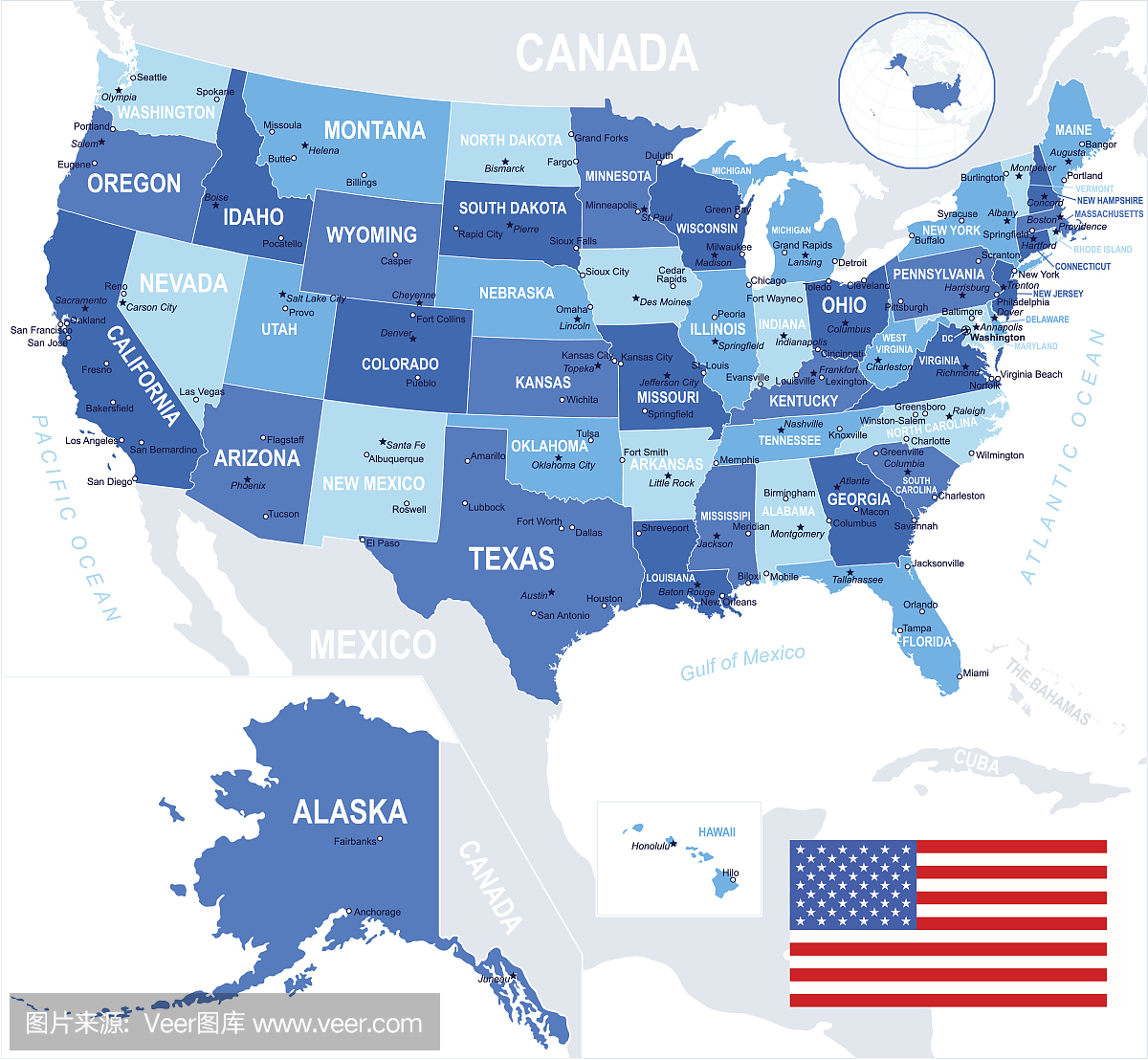 美国(美国) - 地图和国旗 - 插图