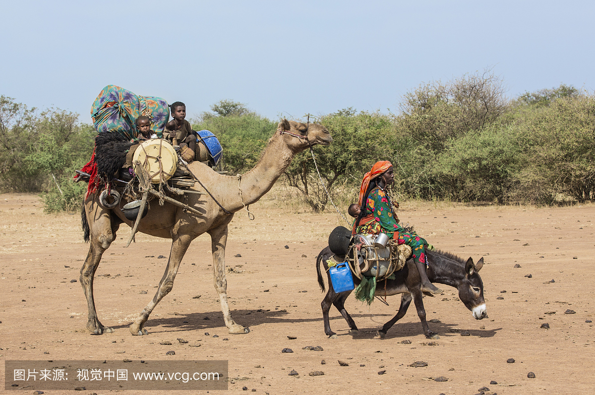 赫勒。乍得阿拉伯游牧民族妇女及其小孩随身携