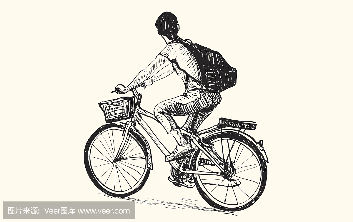 素描的一个女人骑自行车,免费的手绘画插图矢