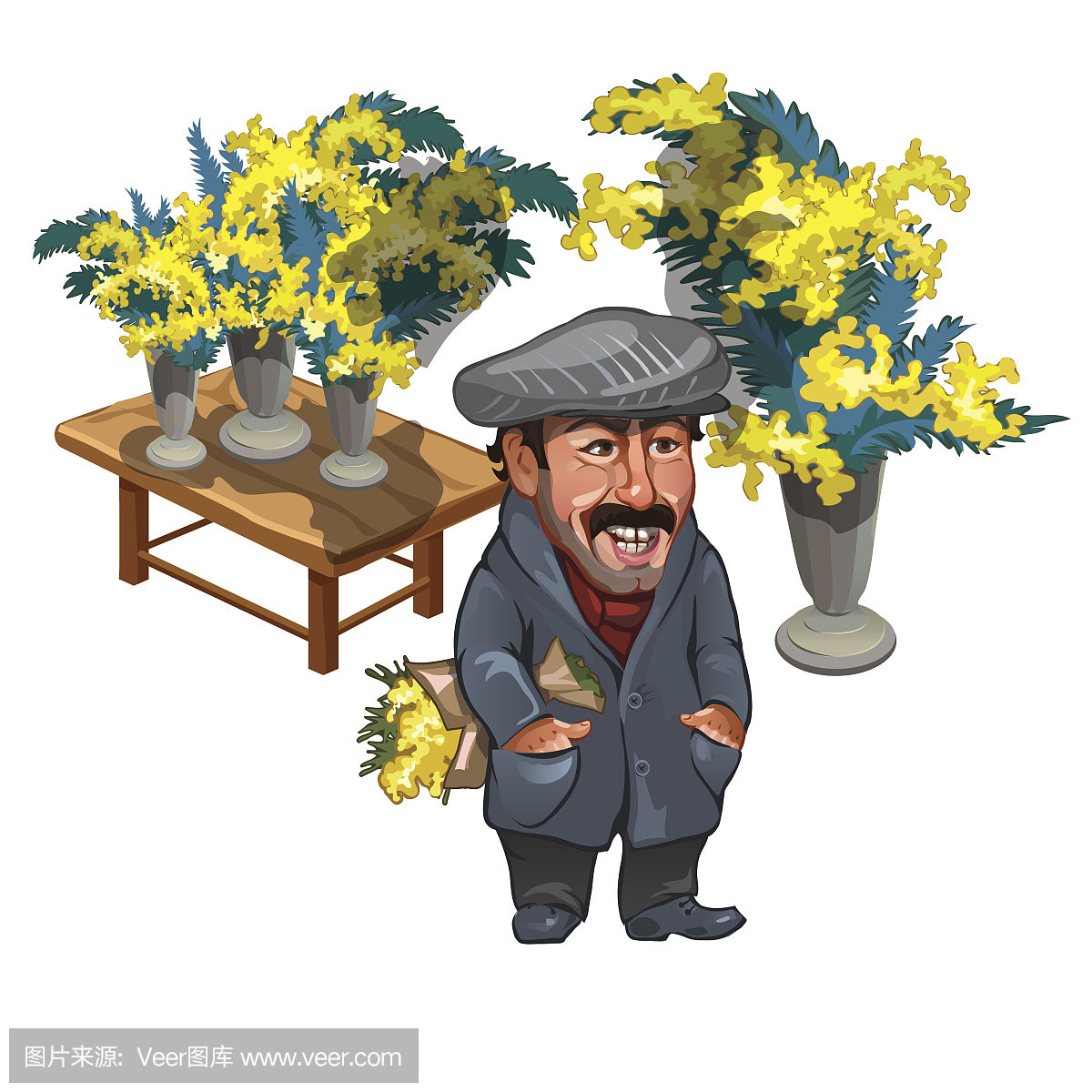 Funny man, seller of mimosas, vector character