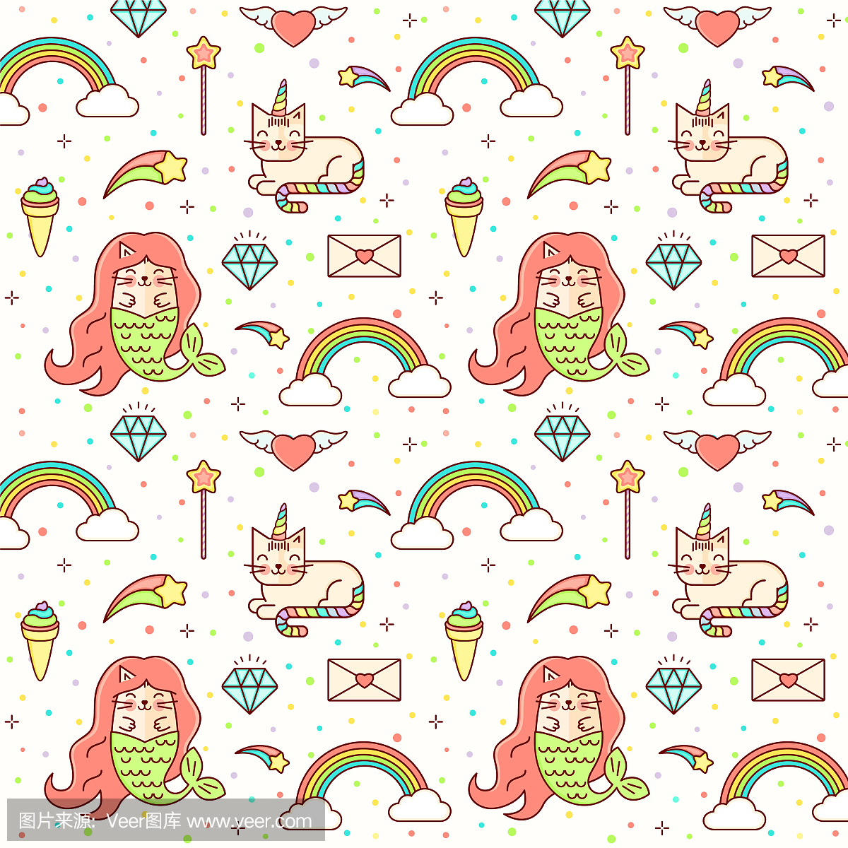 矢量无缝神奇宝贝背景与独角兽,美人鱼,明星,钻