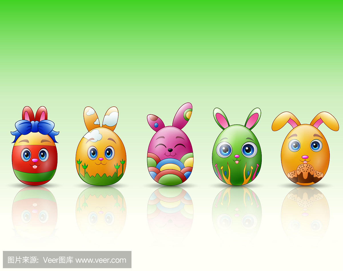 复活节彩蛋卡通人物与兔子耳朵在绿色背景上的