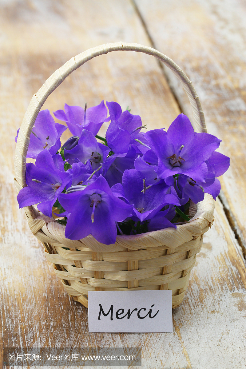 Merci(意思是用法语表示感谢)带有装满鲜花的