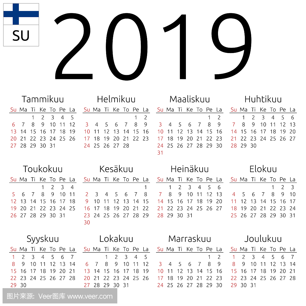2019年日历,芬兰文,星期日