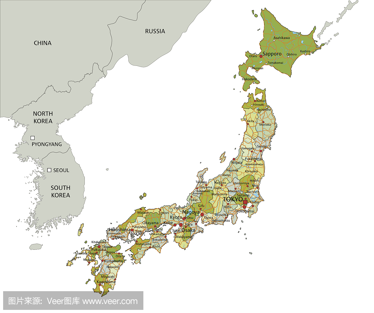 高度详细的可分层政治地图。日本。