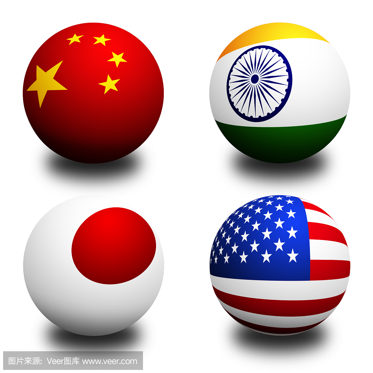 3D球与国旗美国,印度,中国,日本