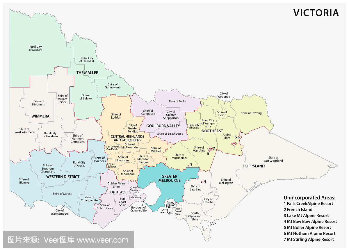 澳大利亚维多利亚州的行政和政治地图