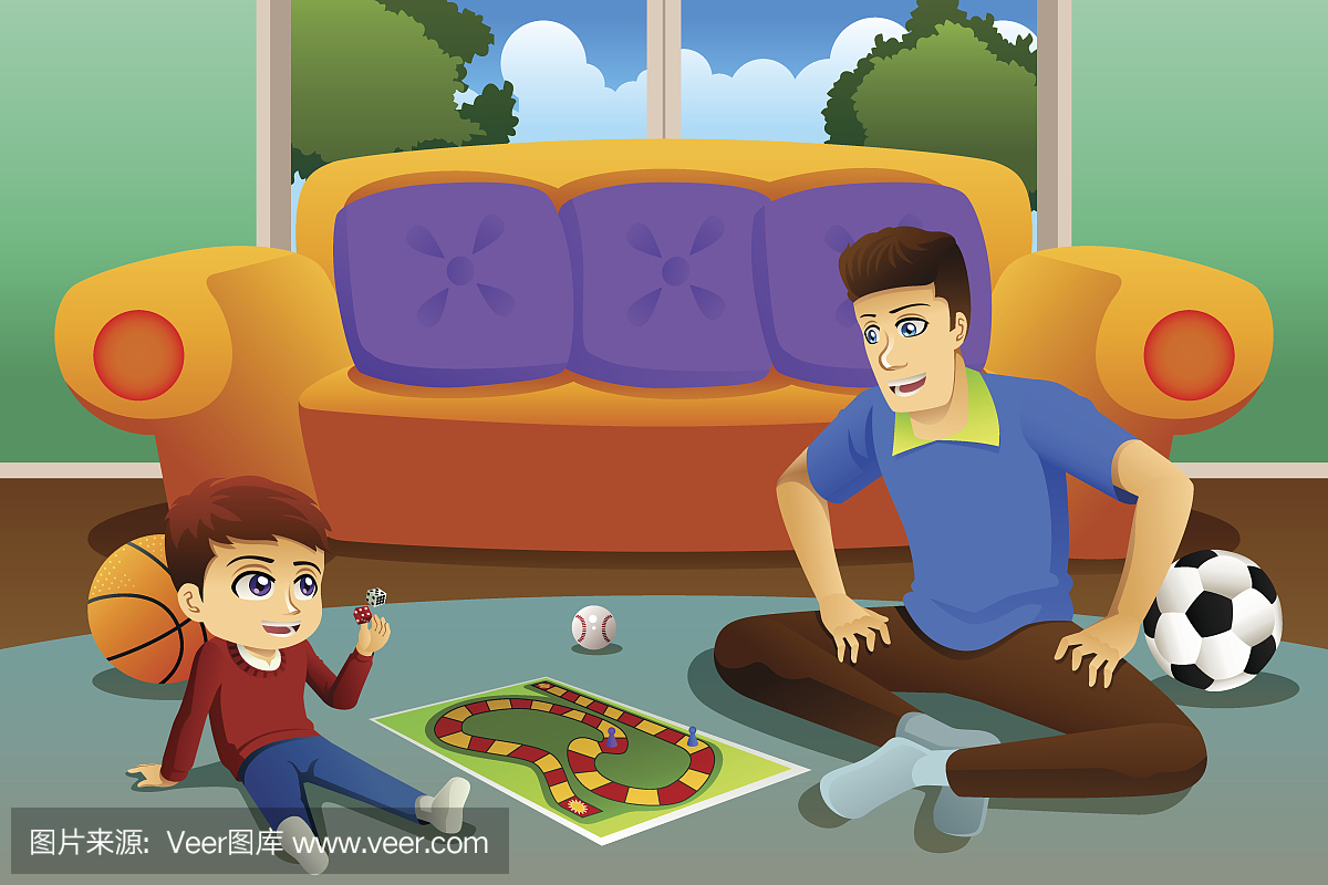 父亲和儿子在家玩棋盘游戏