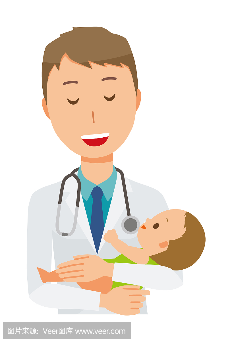 一位穿着白色服装的年轻男医生抱着一个婴儿