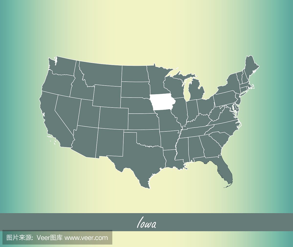 爱荷华州地图矢量轮廓图突出显示在美国地图矢