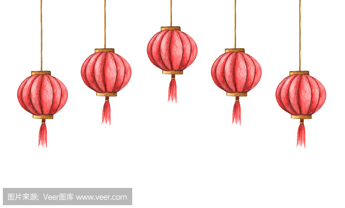 孤立在白色背景上的中国灯笼的手绘水彩插图。