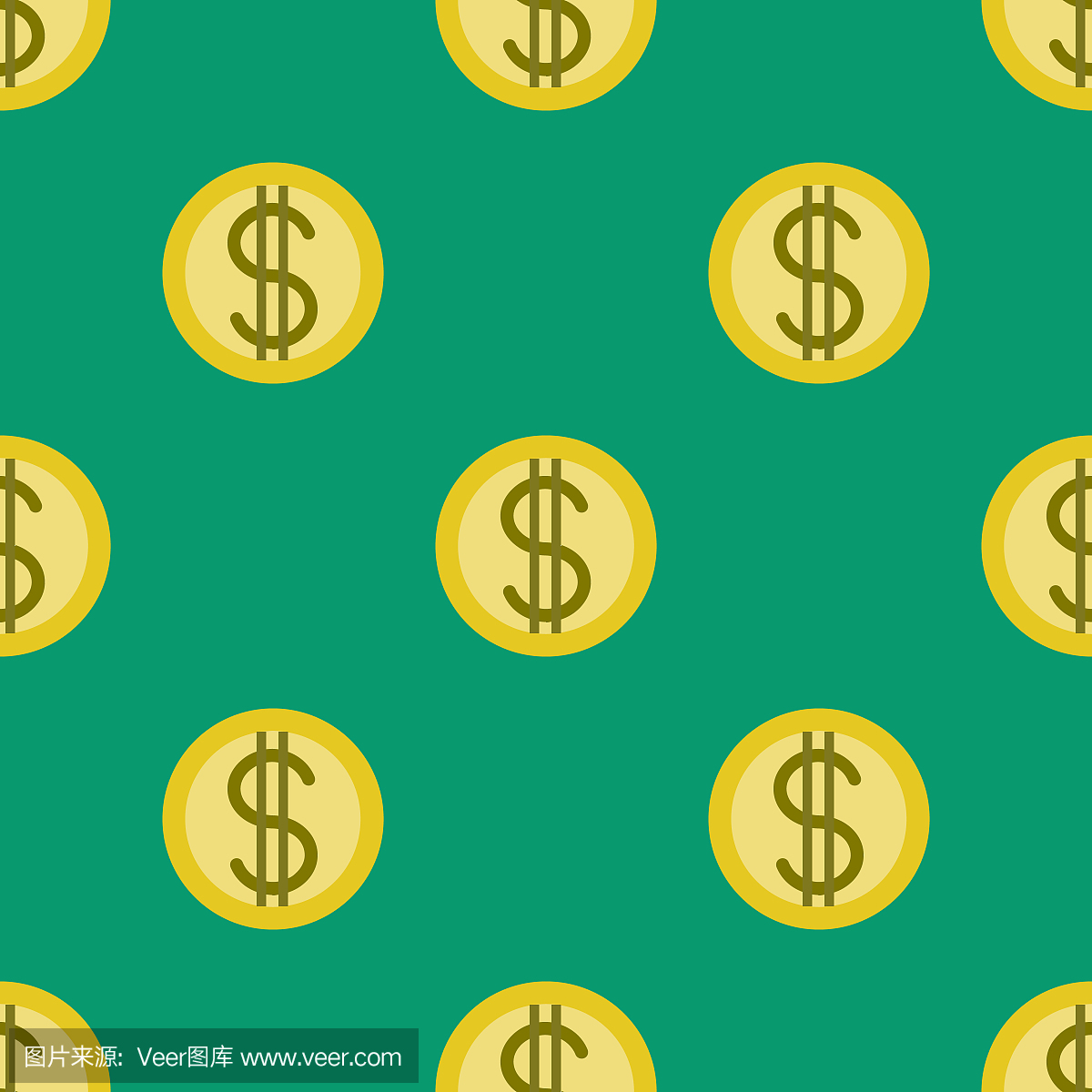 金币与美元符号无缝模式。加密货币市场。在绿