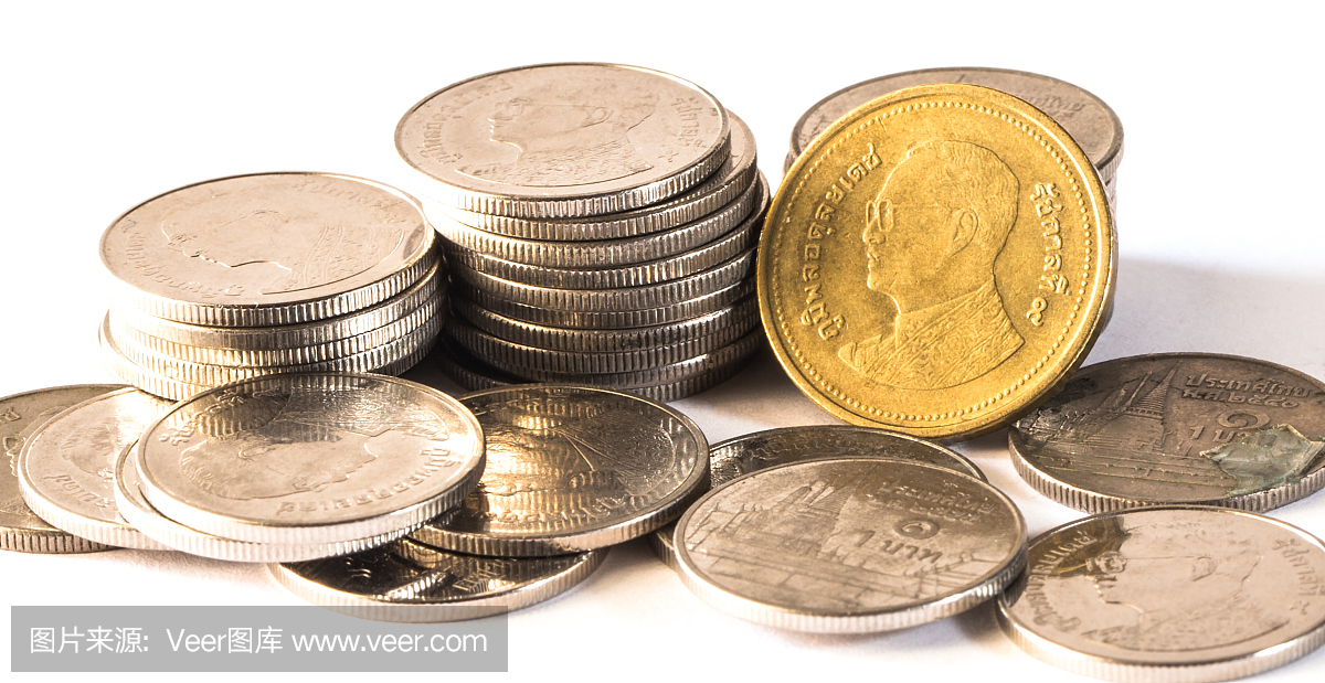 泰铢,金钱,泰国硬币。货币泰国硬币(浴)楼梯按