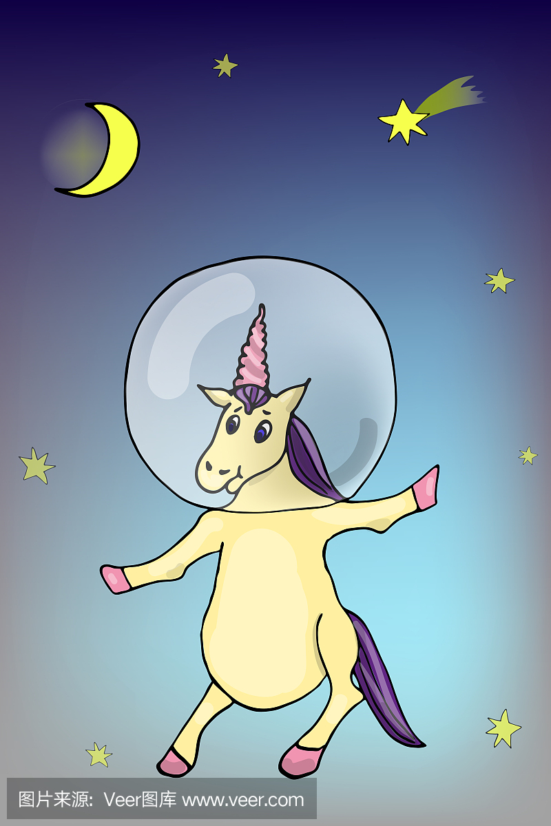 卡通童话独角兽宇航员在空间头盔免费空间反对