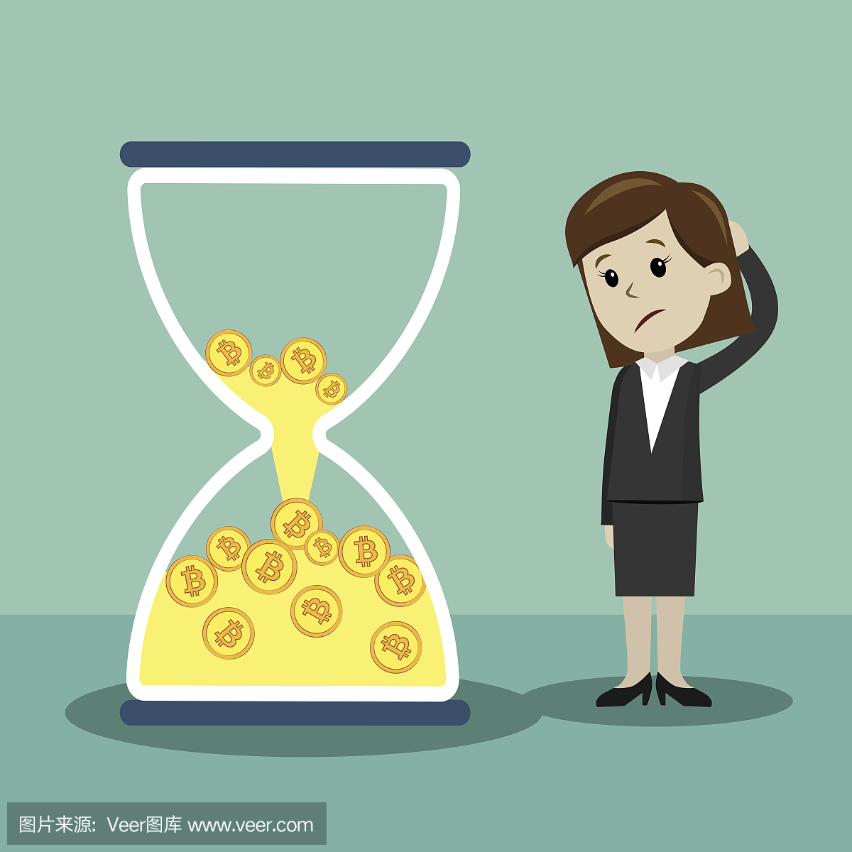 加密货币市场。女商人站在一起,看着比特币沙