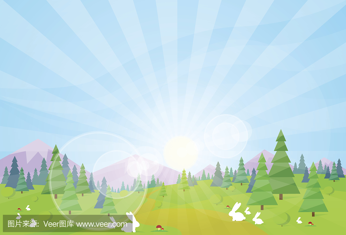 春天风景绿色草树兔子蓝天太阳