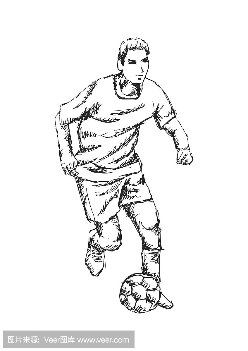 足球(足球)球员与球。素描风格。