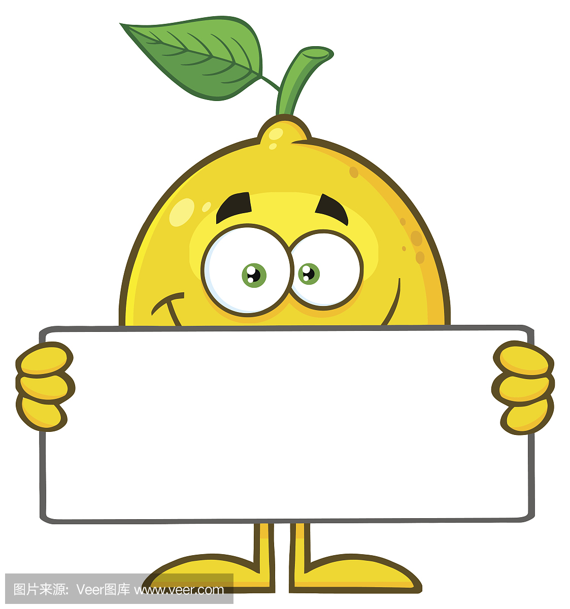 微笑黄色柠檬新鲜水果与绿色叶卡通吉祥物字符