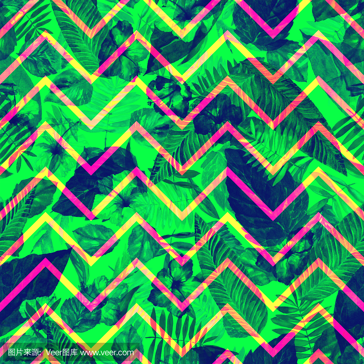 生动的树叶图案无缝抽象绿色蓝色霓虹灯叶曲折