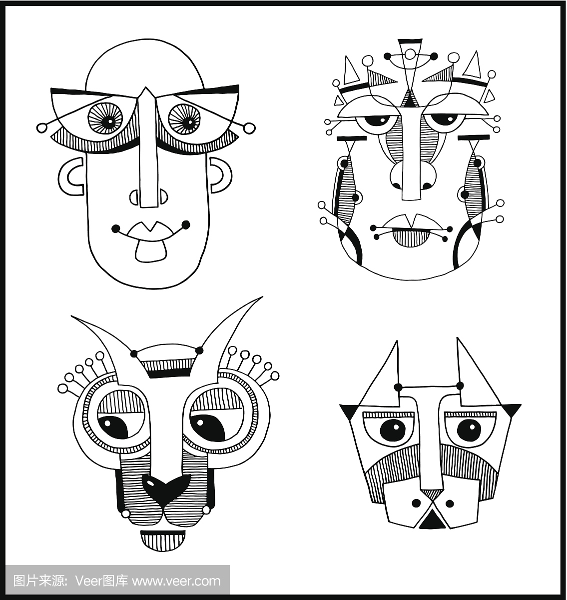 一套不寻常的手画插图与一个男,狗,