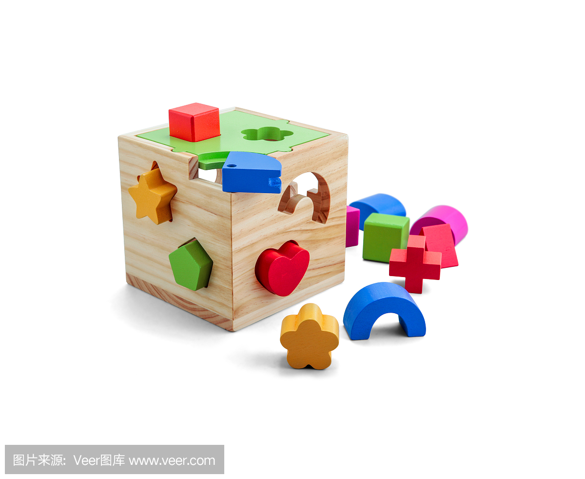 与多彩的集团的孤立白色的木拼图玩具