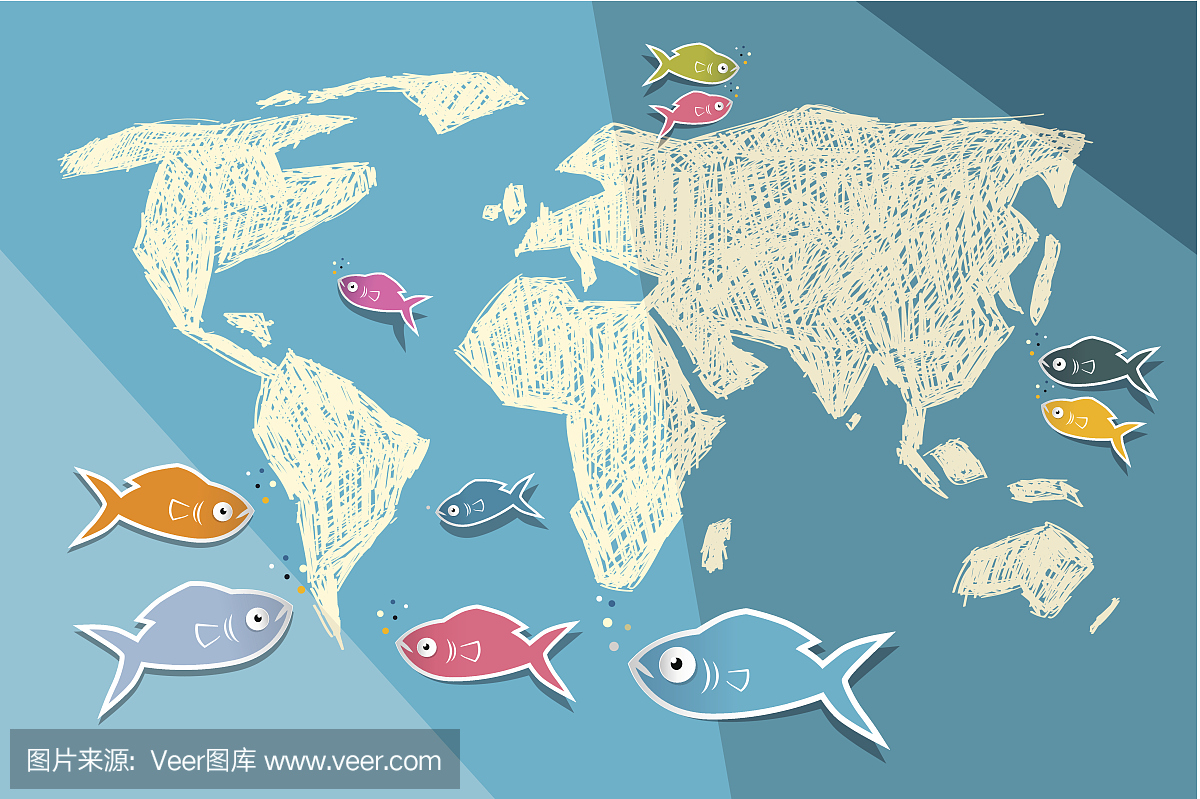 手绘世界地图与纸鱼