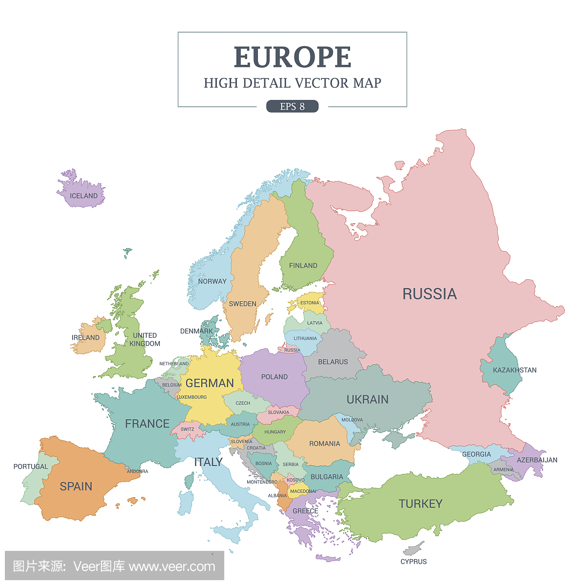 欧洲地图全彩高详细分离所有国家矢量图