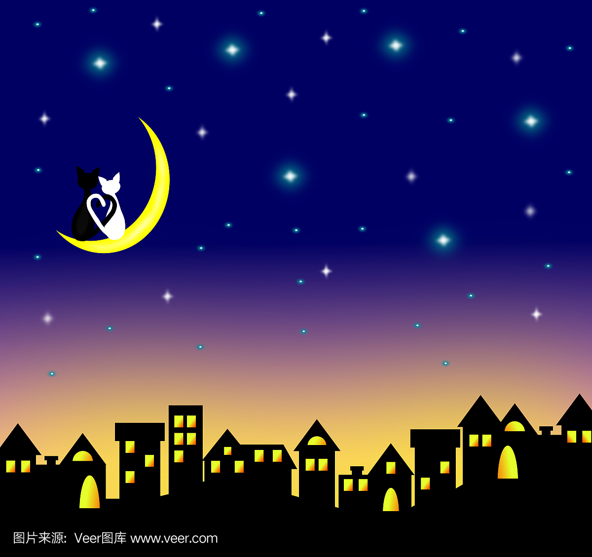 两只猫爱在夜间坐在月牙儿,情人夫妇,矢量