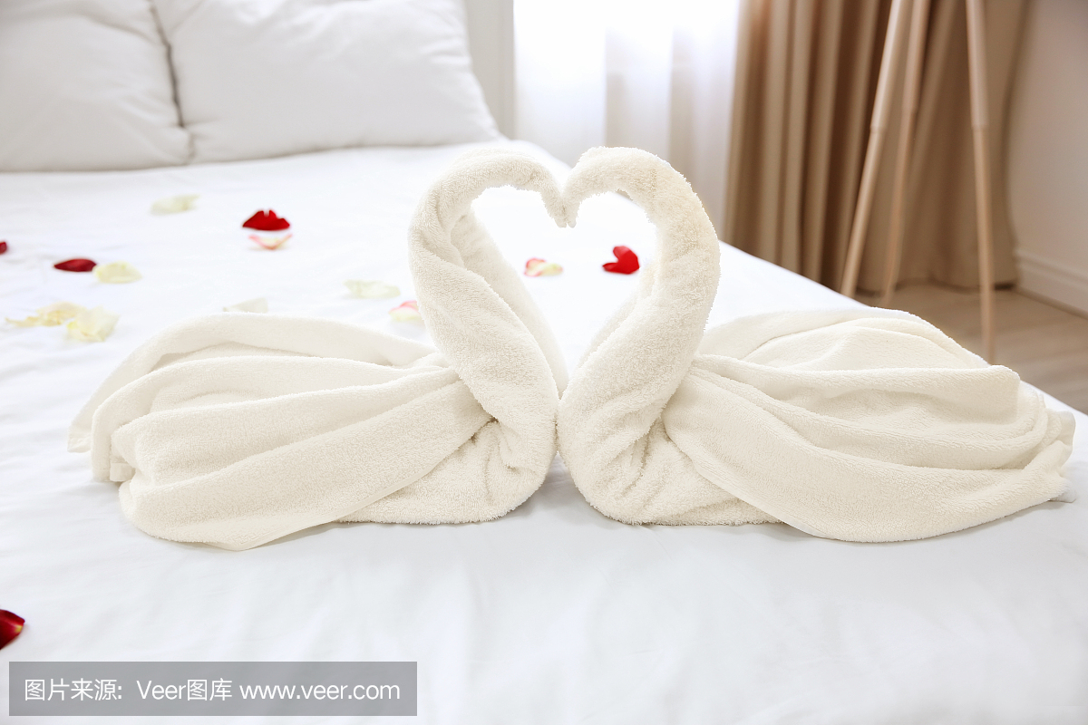 两间毛巾天鹅和玫瑰花瓣放在浅色酒店房间的床