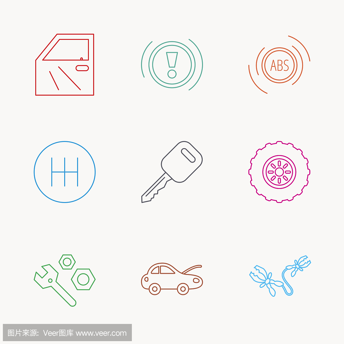 汽车钥匙,维修工具和手动变速箱图标。