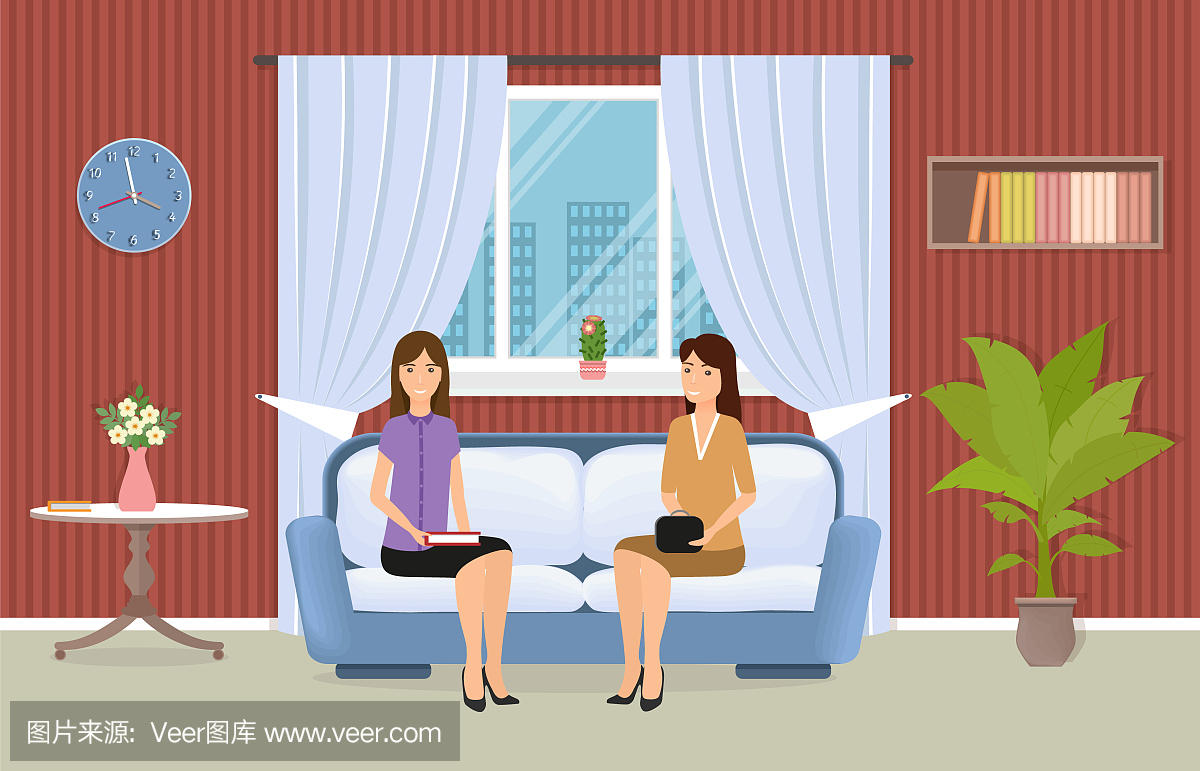 客厅与两个女人坐在沙发上。国内与家具,窗户