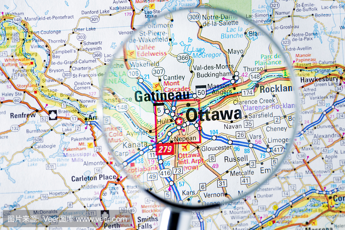 城市放大镜在地图上:渥太华