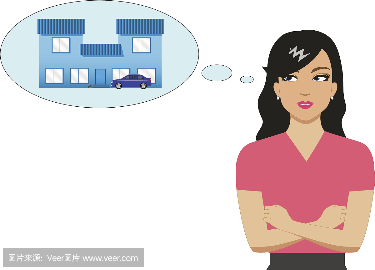 矢量卡通女孩梦见一座房子和一辆车